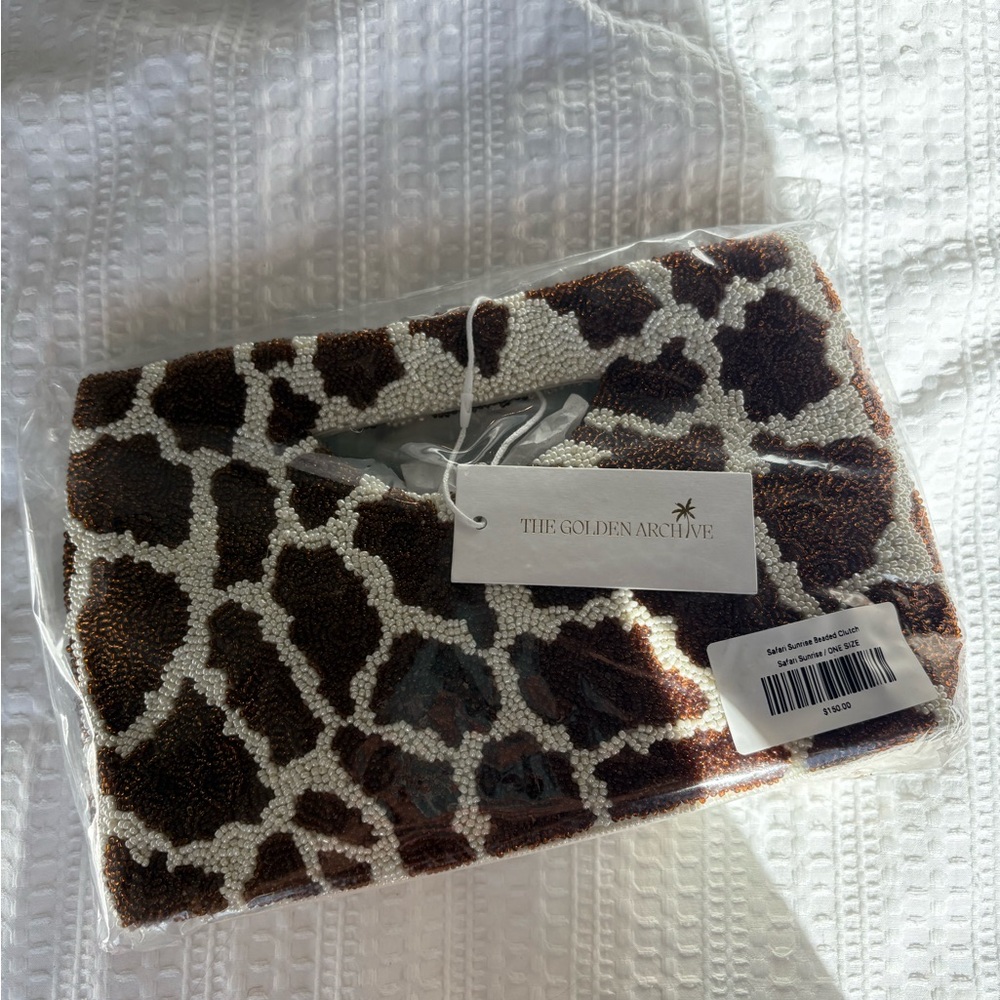 NWT Hand Beaded Giraffe Print Clutch - Brown & Ivory - Picture 2 of 2